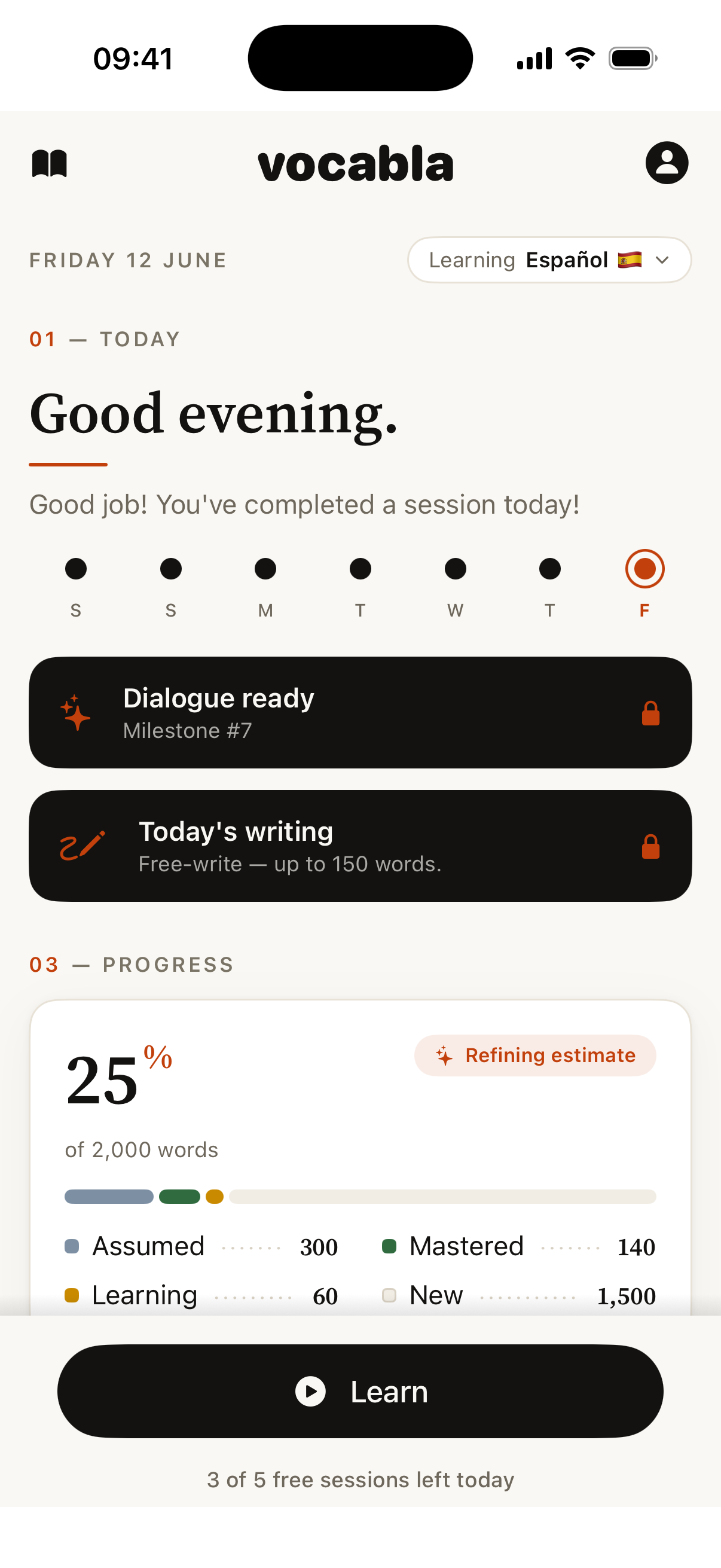 vocabla home screen showing daily progress