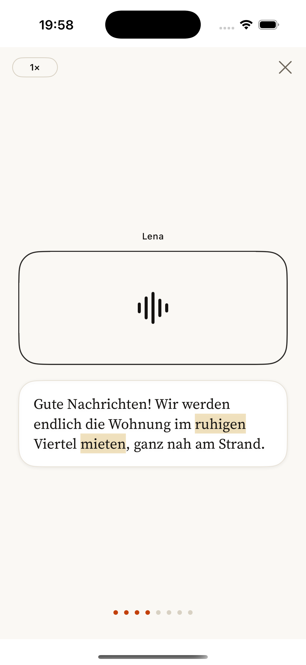 Spoken German dialogue with highlighted words