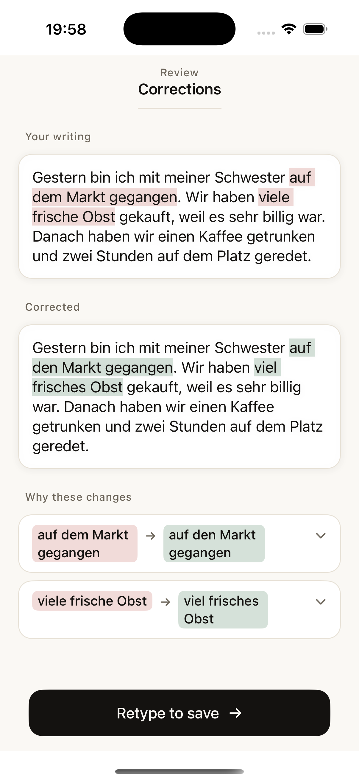 German writing correction screen