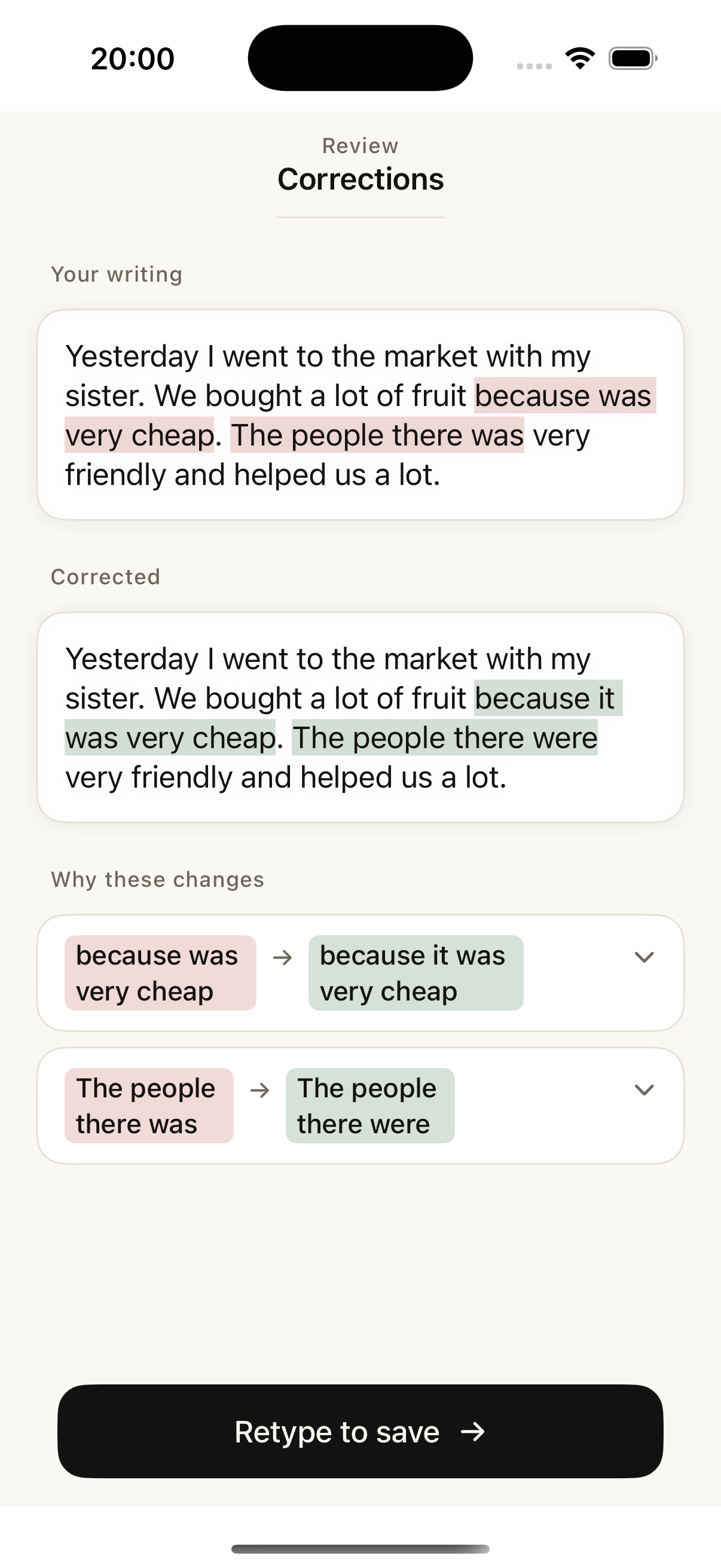 English writing correction screen