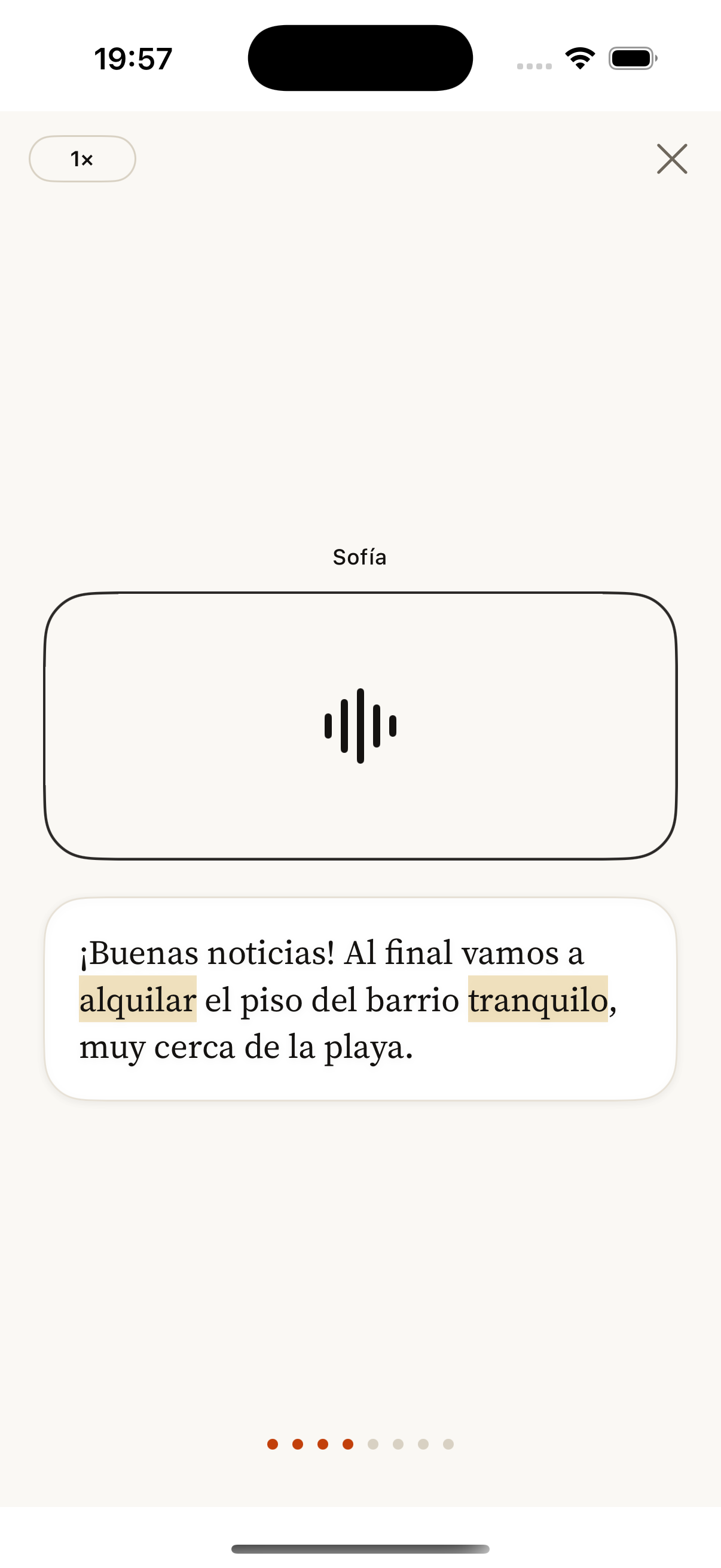 Spoken Spanish dialogue with highlighted words