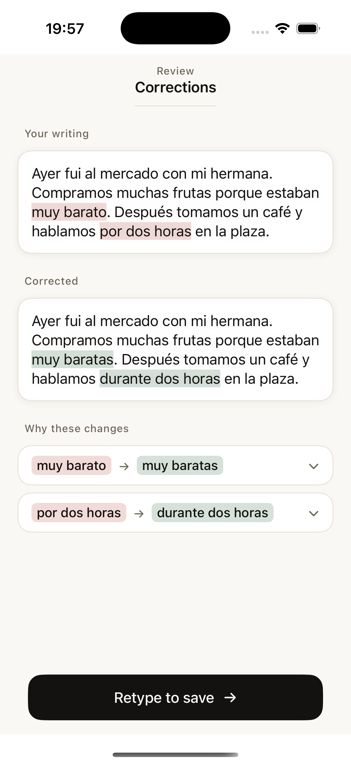 Spanish writing correction screen