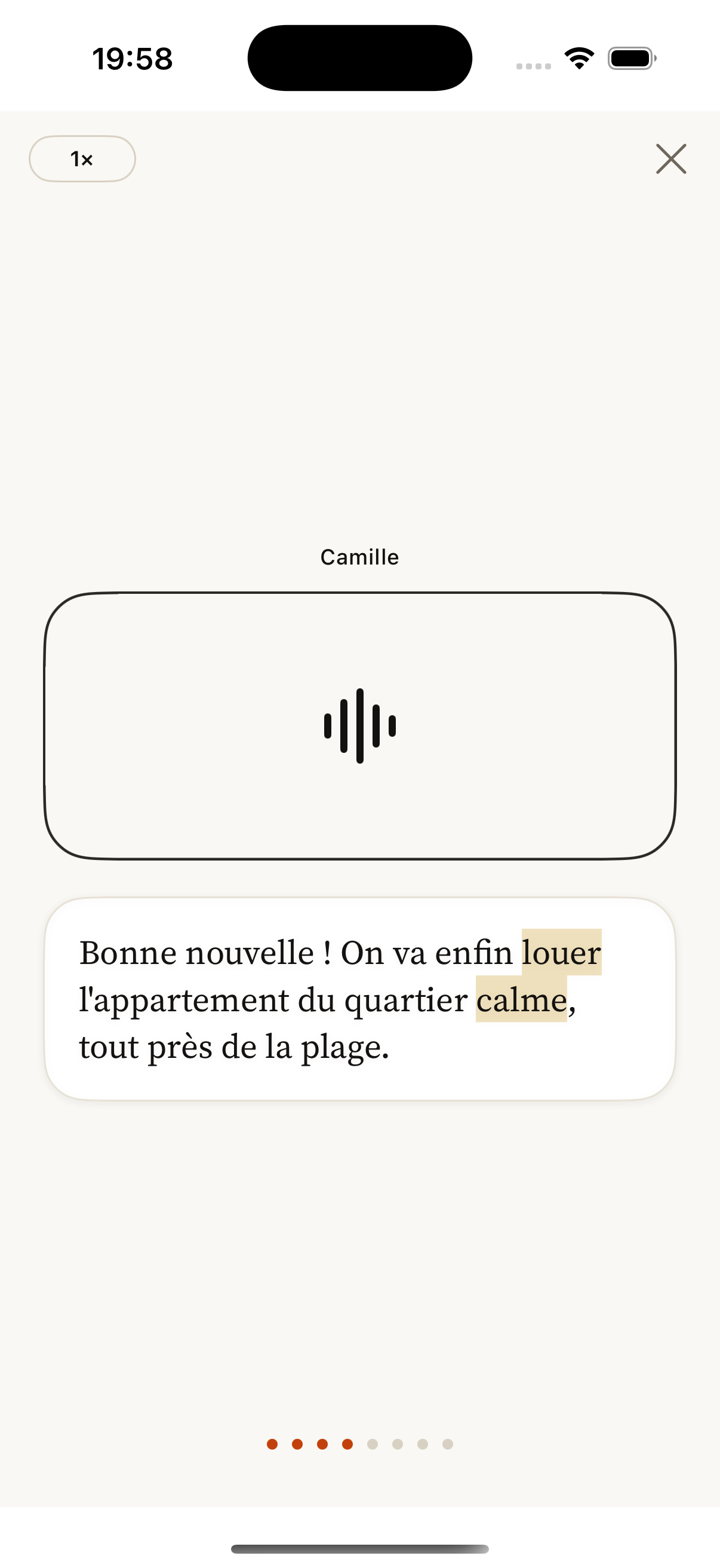 Spoken French dialogue with highlighted words