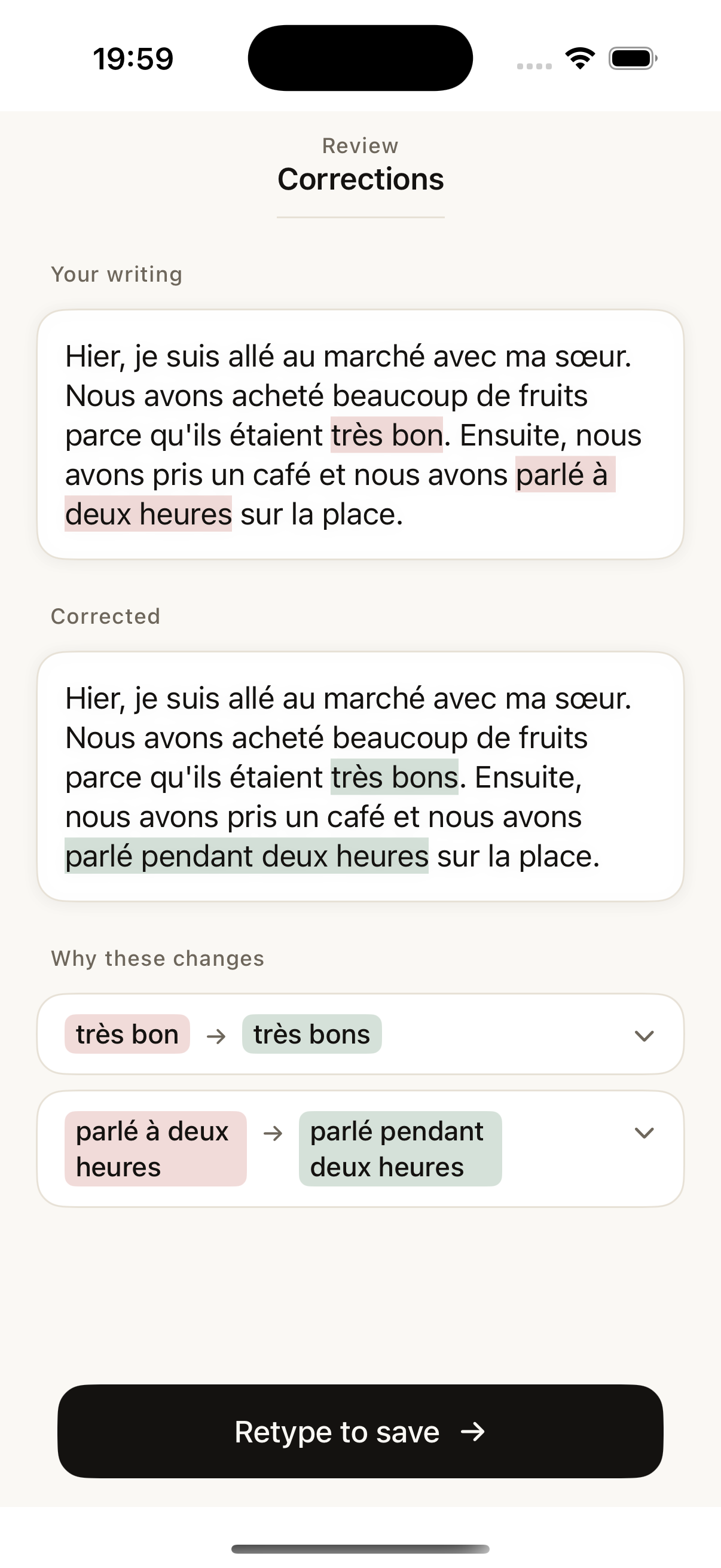 French writing correction screen