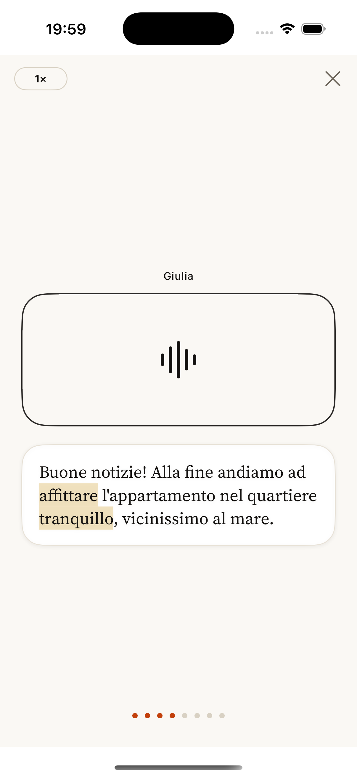 Spoken Italian dialogue with highlighted words